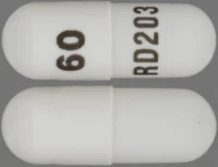 Pill with imprint 60 RD203, white, capsule, 14 mm (Propranolol Hydrochloride 60 mg)