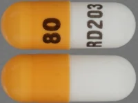 Pill with imprint 80 RD203, orange & white, capsule, 16 mm (Propranolol Hydrochloride 80 mg)