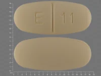 Pill with imprint E 11, yellow, oval, 18 mm (Levetiracetam 500 mg)