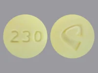 Pill with imprint 230 logo, yellow, round, 10 mm (Oxycodone and Acetaminophen Oxycodone Hydrochloride 10 mg / Acetaminophen 325 mg)