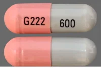 Pill with imprint 600 G222, gray & pink, capsule, 23 mm (Lithium Carbonate 600 mg)