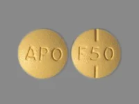 Pill with imprint APO F50, yellow, round, 9 mm (Fluvoxamine Maleate 50 mg)