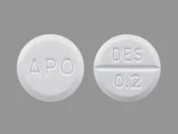 Pill with imprint APO DES 02, white, round, 8 mm (Desmopressin Acetate 0.2 mg)
