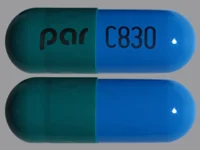 Pill with imprint par C830, blue & green, capsule, 22 mm (Diltiazem Hydrochloride 180 mg)