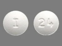 Pill with imprint I 24, white, round, 7 mm (Donepezil Hydrochloride 5 mg)