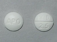 Pill with imprint APO MID 2 5, white, round, 6 mm (Midodrine Hydrochloride 2.5 mg)
