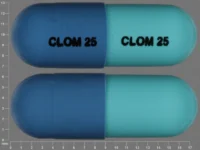 Pill with imprint CLOM25, blue, capsule, 18 mm (Clomipramine Hydrochloride 25 mg)