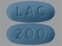 Pill with imprint LAC 200, blue, oval, 17 mm (Lacosamide 200 mg)