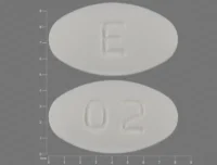 Pill with imprint E 02, white, oval, 8 mm (Carvedilol 6.25 mg)