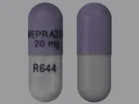 Pill with imprint OMEPRAZOLE20mg R644, gray & purple, capsule, 17 mm (Omeprazole 20 mg)