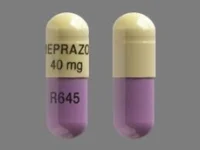 Pill with imprint OMEPRAZOLE40mg R645, purple & yellow, capsule, 19 mm (Omeprazole 40 mg)