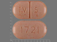 Pill with imprint TV 5 1721, orange, oval, 11 mm (Warfarin Sodium 5 mg)