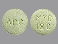 Pill with imprint MYC 180 APO, green, round, 9 mm (Mycophenolic Acid 180 mg)