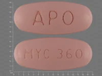 Pill with imprint APO MYC 360, pink, oval, 15 mm (Mycophenolic Acid 360 mg)
