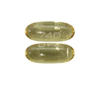Pill with imprint 740, yellow, capsule, 24 mm (Omega-3-Acid Ethyl Esters 900 mg)