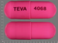Pill with imprint TEVA 4068, pink, capsule, 18 mm (Prazosin Hydrochloride 2 mg)
