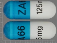 Pill with imprint ZA66 125mg, blue & white, capsule, 22 mm (Divalproex Sodium 125 mg)