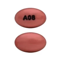 Pill with imprint A08, pink, oval, 9 mm (Lubiprostone 8 mcg)