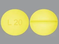 Pill with imprint L20, yellow, round, 6 mm (Levothyroxine Sodium 0.1 mg)