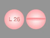 Pill with imprint L26, pink, round, 6 mm (Levothyroxine Sodium 0.2 mg)