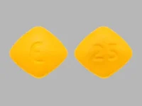 Pill with imprint E 25, yellow, diamond, 7 mm (Eplerenone 25 mg)
