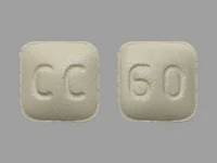 Pill with imprint CC 60, yellow, square, 5 mm (Famotidine 20 mg)