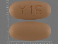 Pill with imprint Y 16, brown, oval, 17 mm (Entacapone 200 mg)