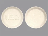 Pill with imprint U32, white, round, 5 mm (Lorazepam 0.5 mg)