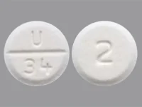 Pill with imprint U 34 2, white, round, 7 mm (Lorazepam 2 mg)