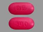 Pill with imprint OE 500, red, oval, 17 mm (Azithromycin 500 mg)