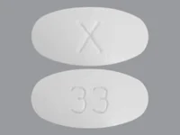 Pill with imprint X 33, white, oval, 20 mm (Amoxicillin and Clavulanate Potassium Amoxicillin Anhydrous 500 mg / Clavulanic Acid 125 mg)