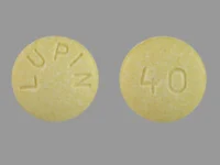 Pill with imprint LUPIN 40, yellow, round, 8 mm (Lisinopril 40 mg)