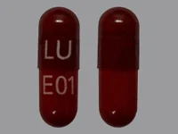 Pill with imprint LU E01, red, capsule, 18 mm (Rifampin 150 mg)