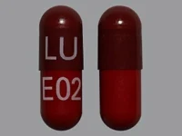 Pill with imprint LU E02, red, capsule, 19 mm (Rifampin 300 mg)