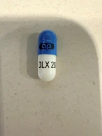 Pill with imprint DLX20 ap, blue & white, capsule, 14 mm (Duloxetine 20 mg)