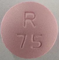 Pill with imprint R75, pink, round, 10 mm (Metoprolol Tartrate 75 mg)