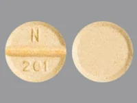 Pill with imprint N201, yellow, round, 6 mm (Digoxin 0.125 mg)
