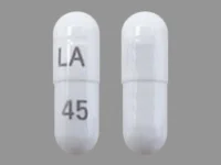 Pill with imprint LA 45, white, capsule, 18 mm (Pregabalin 150 mg)
