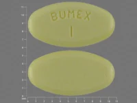 Pill with imprint BUMEX 1, yellow, oval, 11 mm (Bumetanide 1 mg)