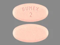 Pill with imprint BUMEX 2, red, oval, 13 mm (Bumetanide 2 mg)