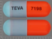 Pill with imprint TEVA 7198, blue & orange, capsule, 18 mm (Fluoxetine 40 mg)