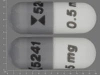 Pill with imprint 5241 0 5 mg, gray & white, capsule, 14 mm (Anagrelide Hydrochloride 0.5 mg)