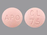 Pill with imprint APO CL 75, pink, round, 9 mm (Clopidogrel Bisulfate 75 mg)