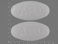 Pill with imprint APO A10, white, oval, 9 mm (Atorvastatin Calcium 10 mg)
