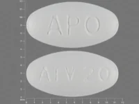 Pill with imprint APO ATV20, white, oval, 11 mm (Atorvastatin Calcium 20 mg)