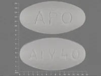 Pill with imprint APO ATV40, white, oval, 14 mm (Atorvastatin Calcium 40 mg)