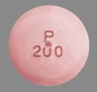 Pill with imprint P200, pink, round, 10 mm (Carbamazepine 200 mg)