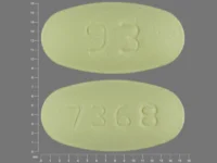 Pill with imprint 93 7368, yellow, oval, 15 mm (Losartan Potassium and Hydrochlorothiazide Losartan Potassium 100 mg / Hydrochlorothiazide 25 mg)