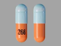 Pill with imprint 266, blue & brown, capsule, 19 mm (Mycophenolate Mofetil 250 mg)
