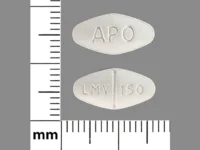Pill with imprint APO LMV 150, white, diamond, 14 mm (Lamivudine 150 mg)